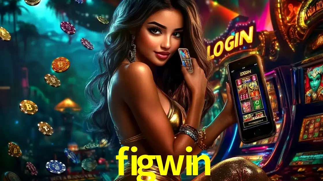 Mulher em um cenário de cassino temático de aventura, mostrando o app de caça-níqueis da figwin no celular. Fichas de apostas flutuam ao redor.