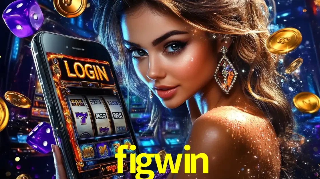 Mulher glamorosa segurando um smartphone com a tela de login para os jogos de caça-níqueis do cassino online figwin, com moedas de ouro e dados ao redor.